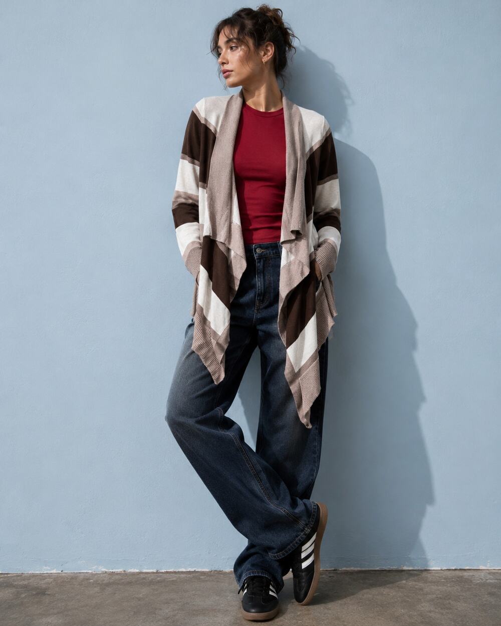 St. John’s Bay Striped Waterfall Cardigan Brown Tan Cream Open Front